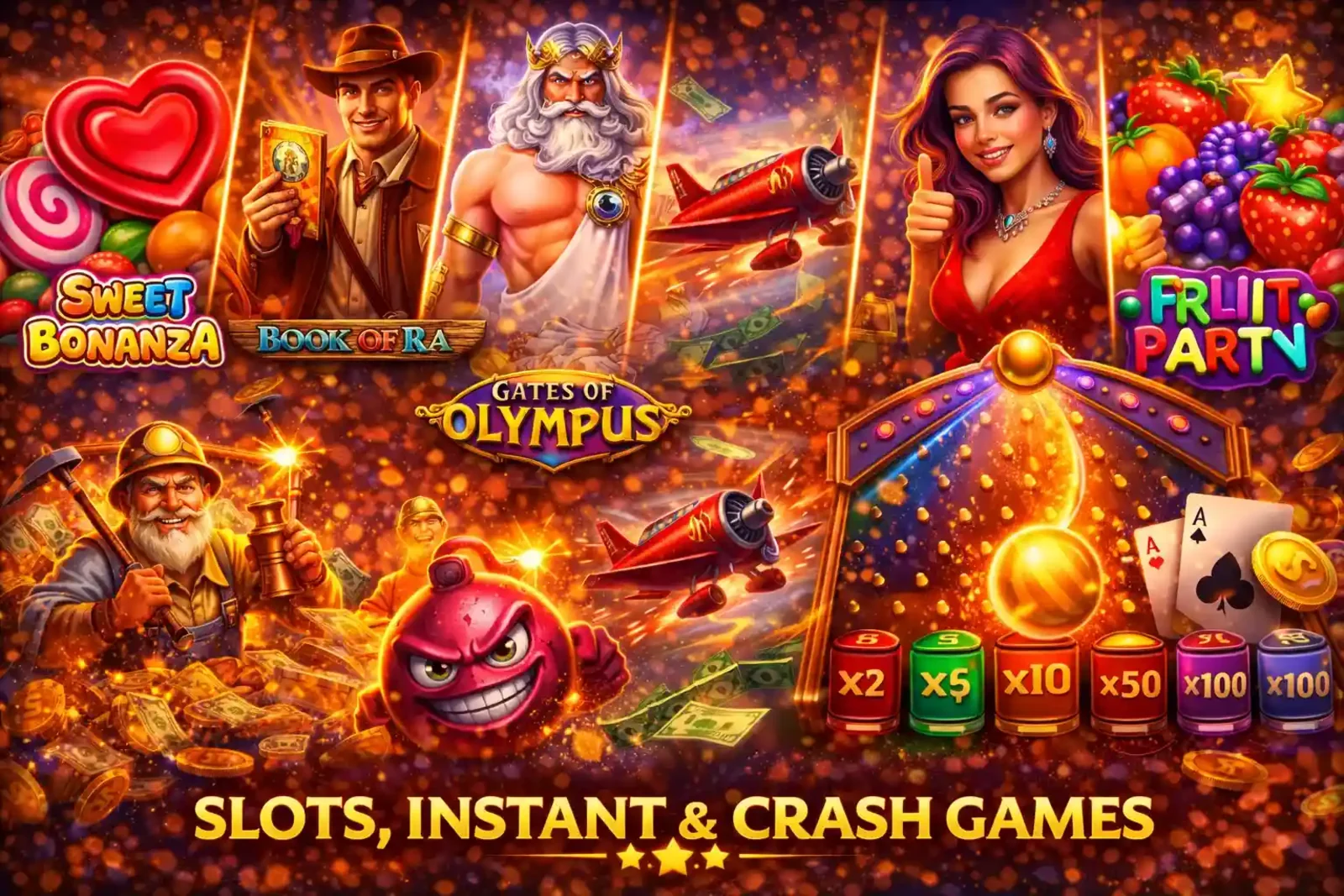 Vibrant casino gaming banner featuring popular slots like Sweet Bonanza, Book of Ra, Gates of Olympus and Fruit Party