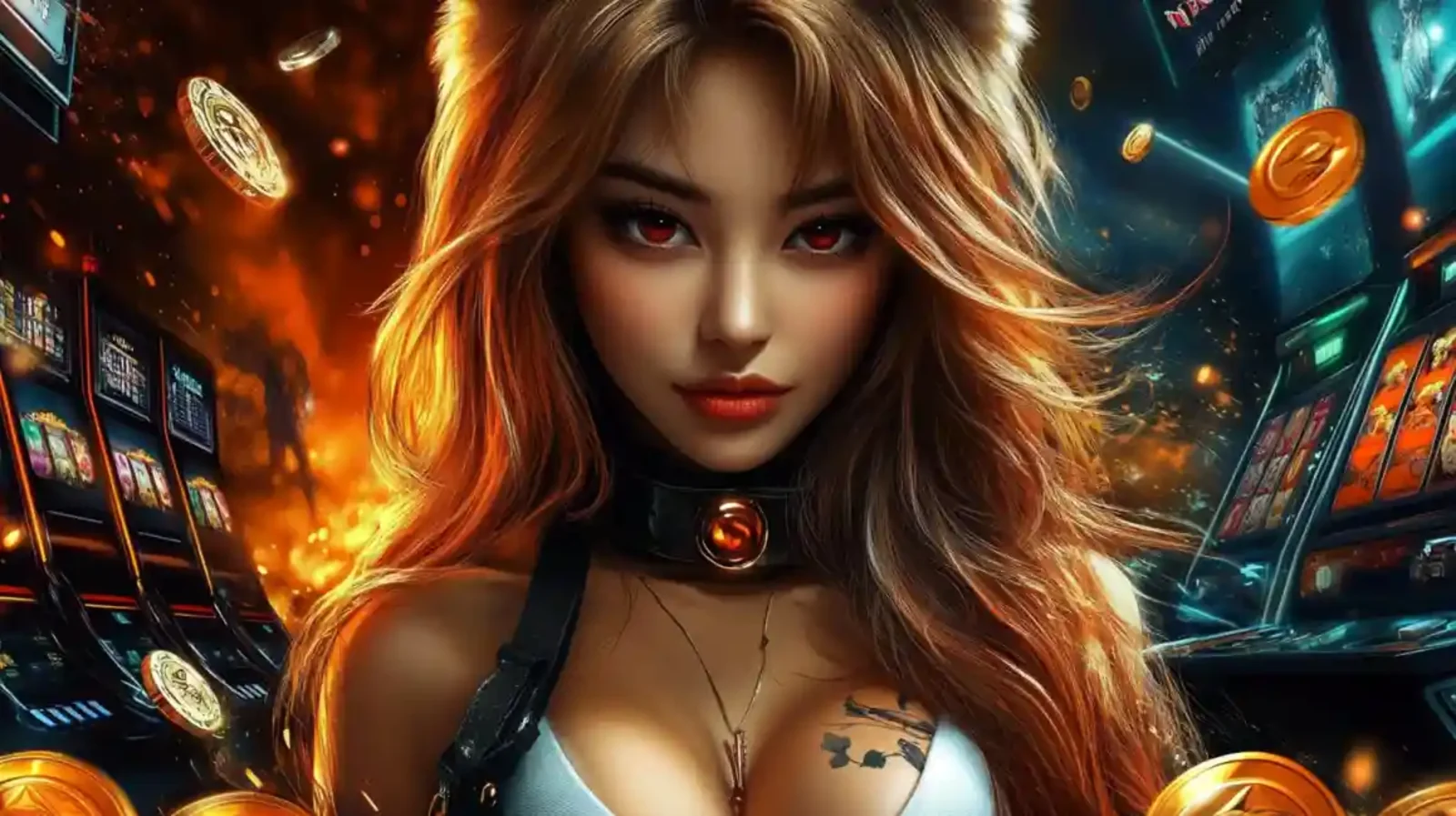 Stylish casino environment with dramatic lighting and slot machines in background