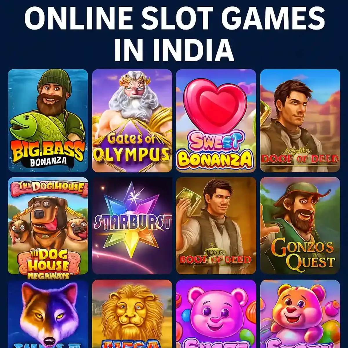 Collection of popular online slot games available in India including Big Bass Bonanza, Gates of Olympus, and Starburst